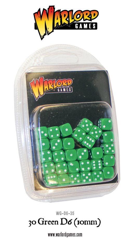30 Green D6 10mm Warlord Games - 30 zielonych kostek D6 z białymi oczkami w przezroczystym opakowaniu blistrowym - czarna etykieta Warlord Games na górze - kod produktu WG-D6-35 - www.warlordgames.com
