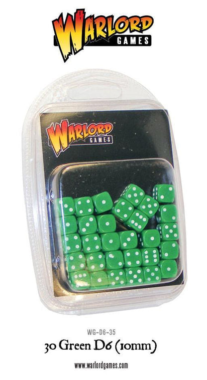 30 Green D6 10mm Warlord Games - 30 zielonych kostek D6 z białymi oczkami w przezroczystym opakowaniu blistrowym - czarna etykieta Warlord Games na górze - kod produktu WG-D6-35 - www.warlordgames.com
