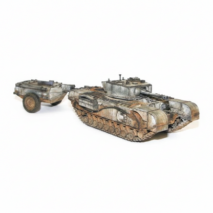 Churchill Crocodile Flamethrowing Tank Bolt Action Warlord Games - pomalowany model 28mm widok z prawej strony, czołg Churchill z miotaczem ognia w kamuflażu szaro-brązowo-piaskowym z efektami weatheringu rdzy i błota, holowany 6,5-tonowy zbiornik paliwa na kółkach, biała gwiazda na kadłubie, napis ECLIPSE na boku, białe tło