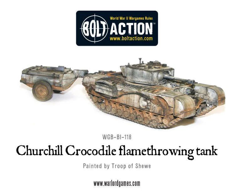 Churchill Crocodile Flamethrowing Tank Bolt Action - pomalowany model 28mm widok z lewej strony, czołg Churchill z miotaczem ognia w kamuflażu szaro-brązowo-piaskowym, holowany zbiornik paliwa, biała gwiazda i napis ECLIPSE na kadłubie, efekty weatheringu rdzy i błota, logo Bolt Action, kod WGB-BI-118, Painted by Troop of Shewe