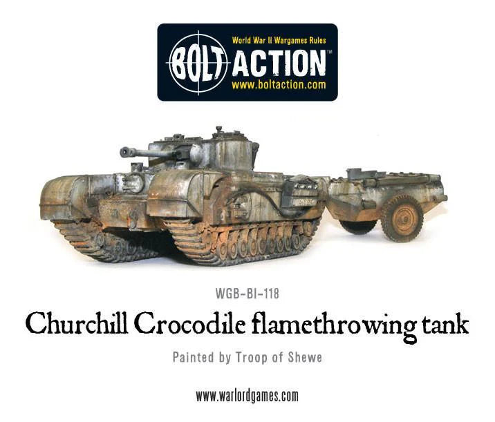 Churchill Crocodile Flamethrowing Tank Bolt Action - pomalowany model 28mm widok z lewej przedniej strony, czołg Churchill z miotaczem ognia w kamuflażu szaro-brązowo-piaskowym, holowany zbiornik paliwa, wieżyczka z działem 75mm i miotaczem ognia w kadłubie, efekty weatheringu, logo Bolt Action, kod WGB-BI-118, Painted by Troop of Shewe
