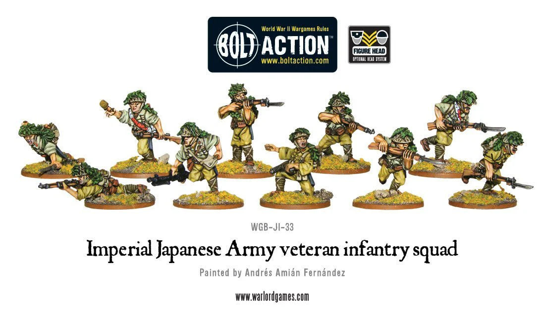 Imperial Japanese Army Veteran Infantry Squad - Bolt Action 28mm - kompletny oddział 10 pomalowanych figurek: NCO z pistoletem maszynowym, 7 strzelców z karabinami Arisaka, 2-osobowy zespół LMG - mundury khaki z podstawkami dżungli - skala 1/56 - pomalowane przez Andrés Amián Fernández - Warlord Games