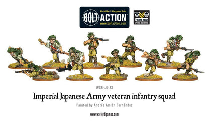 Imperial Japanese Army Veteran Infantry Squad - Bolt Action 28mm - kompletny oddział 10 pomalowanych figurek: NCO z pistoletem maszynowym, 7 strzelców z karabinami Arisaka, 2-osobowy zespół LMG - mundury khaki z podstawkami dżungli - skala 1/56 - pomalowane przez Andrés Amián Fernández - Warlord Games
