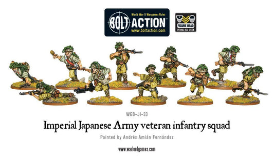Imperial Japanese Army Veteran Infantry Squad - Bolt Action 28mm - kompletny oddział 10 pomalowanych figurek: NCO z pistoletem maszynowym, 7 strzelców z karabinami Arisaka, 2-osobowy zespół LMG - mundury khaki z podstawkami dżungli - skala 1/56 - pomalowane przez Andrés Amián Fernández - Warlord Games
