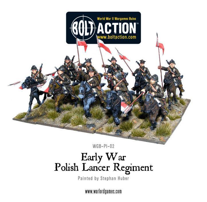 Polski Pułk Ułanów – pełny szwadron w szarży, proporczyki na lancach, model 28mm Bolt Action Warlord Games
