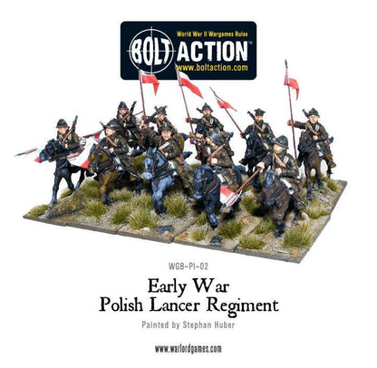 Polski Pułk Ułanów – pełny szwadron w szarży, proporczyki na lancach, model 28mm Bolt Action Warlord Games

