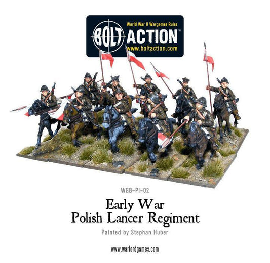 Polski Pułk Ułanów – pełny szwadron w szarży, proporczyki na lancach, model 28mm Bolt Action Warlord Games
