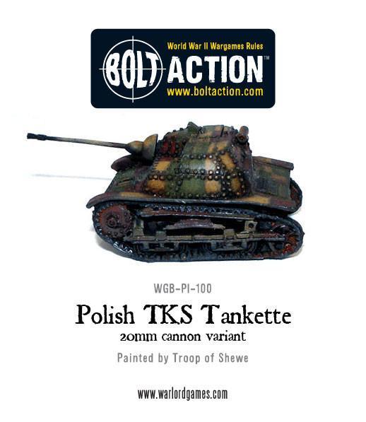 Polish TKS Tankette – wariant 20mm armata, widok z lewego boku, model 28mm Bolt Action Warlord Games
