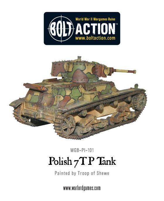 Polish 7TP Tank – pomalowany model metalowo-żywiczny 28mm, widok z przodu, wieża z armatą 37mm, Bolt Action Warlord Games
