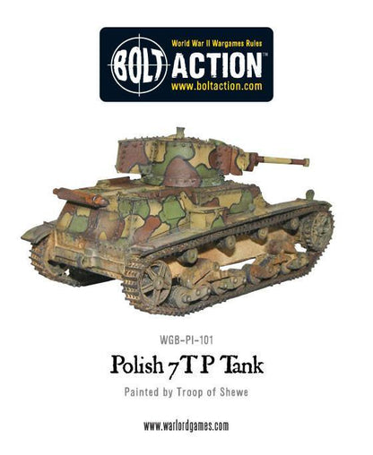 Polish 7TP Tank – pomalowany model metalowo-żywiczny 28mm, widok z przodu, wieża z armatą 37mm, Bolt Action Warlord Games
