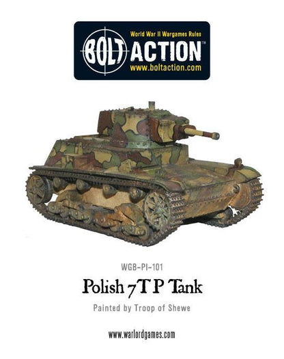 Polish 7TP Tank – pomalowany model metalowo-żywiczny 28mm, widok z tyłu, kamuflaż trójkolorowy, Bolt Action Warlord Games
