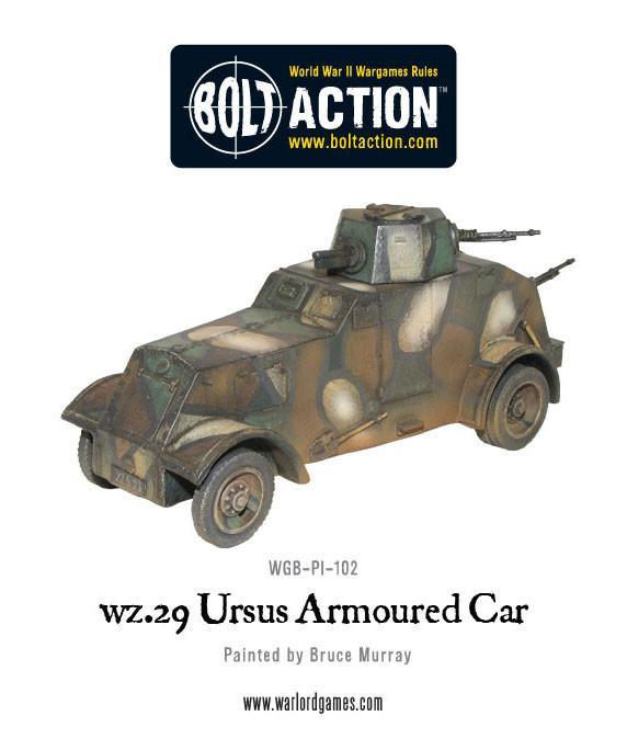 wz.29 Ursus – widok z przodu i lewej strony, armata 37mm i km, model 28mm Bolt Action Warlord Games
