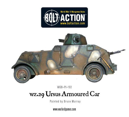 wz.29 Ursus – widok z lewej strony, profil pojazdu, koła i kadłub, model 28mm Bolt Action Warlord Games
