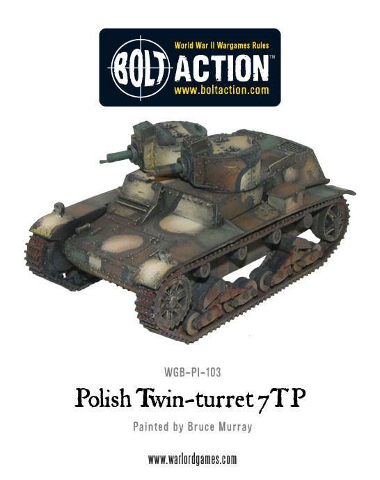 7TP Dwuwieżowy – widok z przodu i lewej strony, dwie wieże z km wz.30, model 28mm Bolt Action WGB-PI-103
