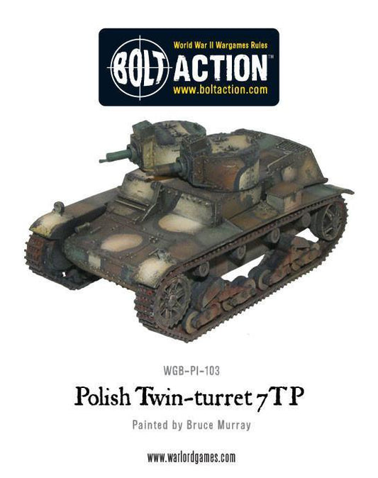 7TP Dwuwieżowy – widok z przodu i lewej strony, dwie wieże z km wz.30, model 28mm Bolt Action WGB-PI-103
