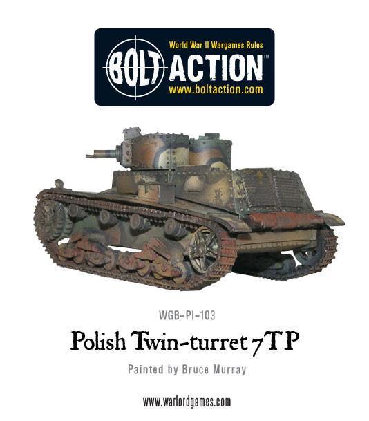 7TP Dwuwieżowy – widok z prawej strony i tyłu, kamuflaż trójkolorowy, model 28mm Bolt Action Warlord Games
