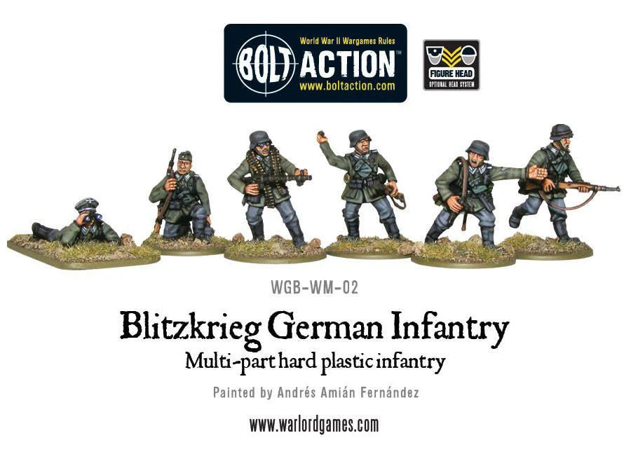 Blitzkrieg German Infantry Platoon - Bolt Action 28mm - pomalowane figurki piechoty z Kar 98K MP40 MG34 - widok z przodu - Warlord Games