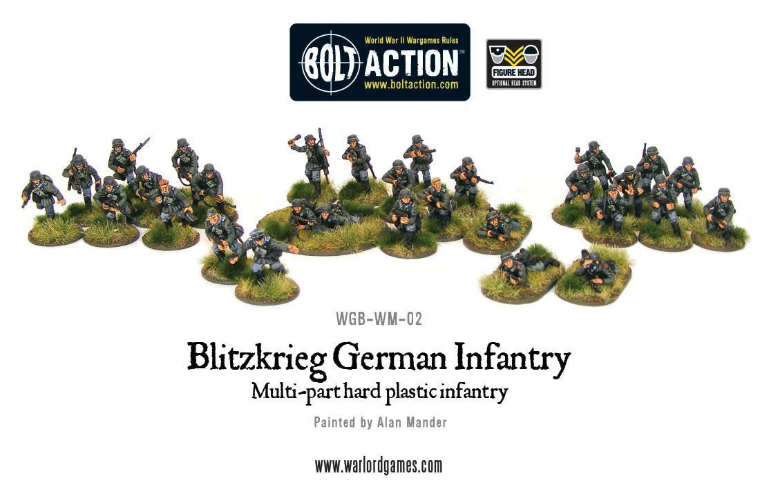  Blitzkrieg German Infantry Platoon - Bolt Action 28mm - kompletny pluton 30 figurek na podstawkach z trawą - widok całości - Warlord Games