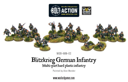  Blitzkrieg German Infantry Platoon - Bolt Action 28mm - kompletny pluton 30 figurek na podstawkach z trawą - widok całości - Warlord Games