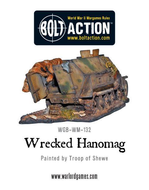 Wrecked Hanomag Sd.Kfz 251 – pomalowany model wraku, widok z boku lewego, WGB-WM-132, Bolt Action, Warlord Games
