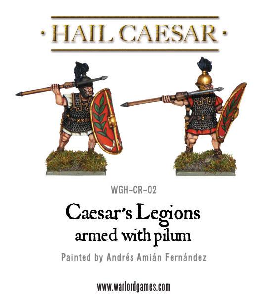 Caesarian Romans with Pilum WGH-CR-02 – dwie figurki legionisty Cezariańskiego: widok z przodu i z tyłu, złoty hełm Montefortino z czarnym pióropuszem, czerwona tarcza scutum z zielonym wzorem, kolczuga, 28mm Hail Caesar
