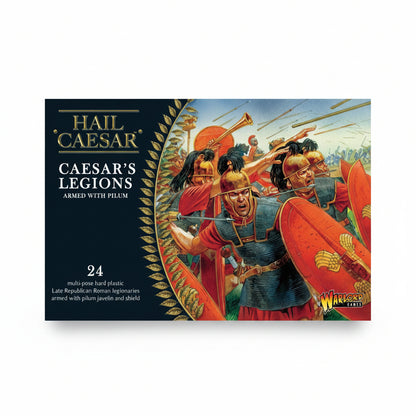 Pudełko zestawu Caesar's Legions Armed with Pilum WGH-CR-02 – Hail Caesar, ilustracja legionistów Cezariańskich w czerwonych płaszczach z pilum i tarczami scutum, 24 wielopozycyjne plastikowe figurki, Warlord Games
