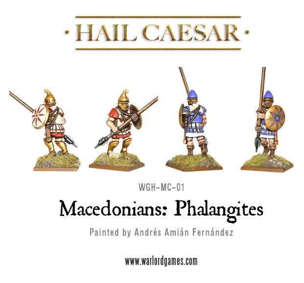 Macedonian Phalangites WGH-MC-01 – cztery pomalowane figurki falangitów macedońskich: widok z przodu, złote hełmy trackie i frygijskie, tarcze aspis z czerwono-białymi wzorami i niebiesko-złote zbroje, 28mm Hail Caesar
