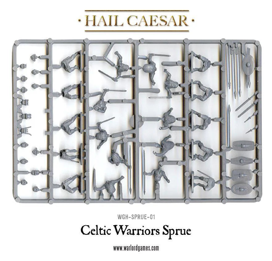 Celtic Warriors Sprue WGH-SPRUE-01 – szara plastikowa ramka z elementami wojowników celtyckich: tułowia, głowy, ramiona z włóczniami i mieczami, tarcze owalne i okrągłe, 28mm Hail Caesar Warlord Games

