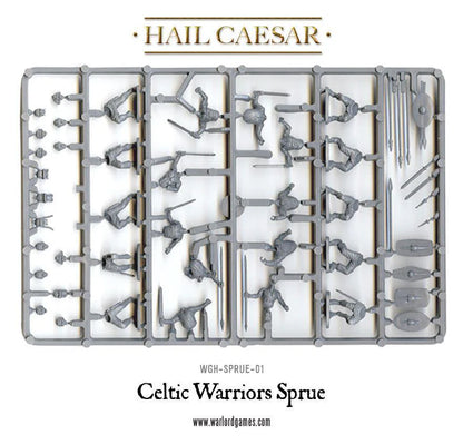 Celtic Warriors Sprue WGH-SPRUE-01 – szara plastikowa ramka z elementami wojowników celtyckich: tułowia, głowy, ramiona z włóczniami i mieczami, tarcze owalne i okrągłe, 28mm Hail Caesar Warlord Games
