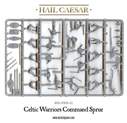 Celtic Warriors Command Sprue WGH-SPRUE-02 – szara plastikowa ramka dowództwa z elementami: wódz z mieczem, druid, chorąży z carnyx, tarcze, włócznie i miecze, 28mm Hail Caesar Warlord Games
