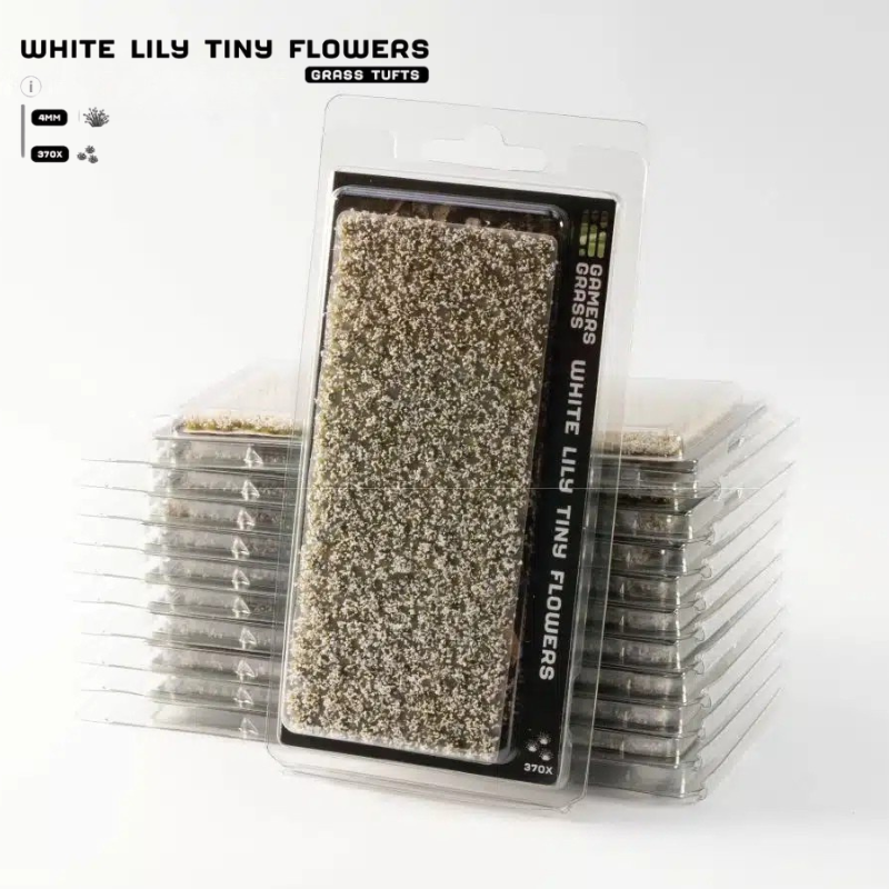 White Lily Tiny Flowers 4mm Gamers Grass - opakowanie blister ze stosem produktów, widok z przodu z arkuszem 370 śnieżnobiałych kępek lilii i oznaczeniem 4mm 370x
