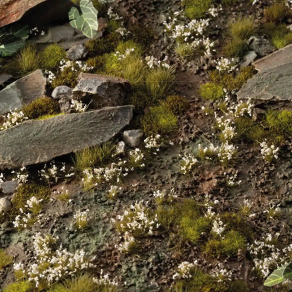 White Lily Tiny Flowers 4mm Gamers Grass - diorama skalna z kamieniami i mchem pokryta drobnymi białymi kępkami lilii wśród zielonej trawy
