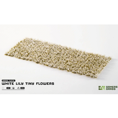 White Lily Tiny Flowers 4mm Gamers Grass - arkusz kępek kwiatowych na białym tle z logo Gamers Grass i opisem produktu: Grass Tufts 4mm 370x
