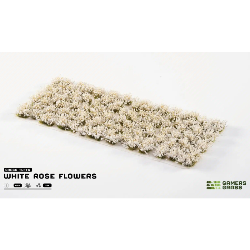 White Rose Flowers 6mm Gamers Grass - arkusz kępek kwiatowych na białym tle z logo Gamers Grass i opisem produktu: Grass Tufts 6mm 75x
