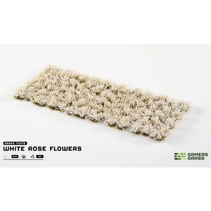 White Rose Flowers 6mm Gamers Grass - arkusz kępek kwiatowych na białym tle z logo Gamers Grass i opisem produktu: Grass Tufts 6mm 75x
