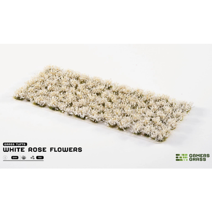 White Flowers 6mm Wild Gamers Grass - arkusz kępek kwiatowych na białym tle z logo Gamers Grass i opisem produktu: Grass Tufts 6mm Wild 70x
