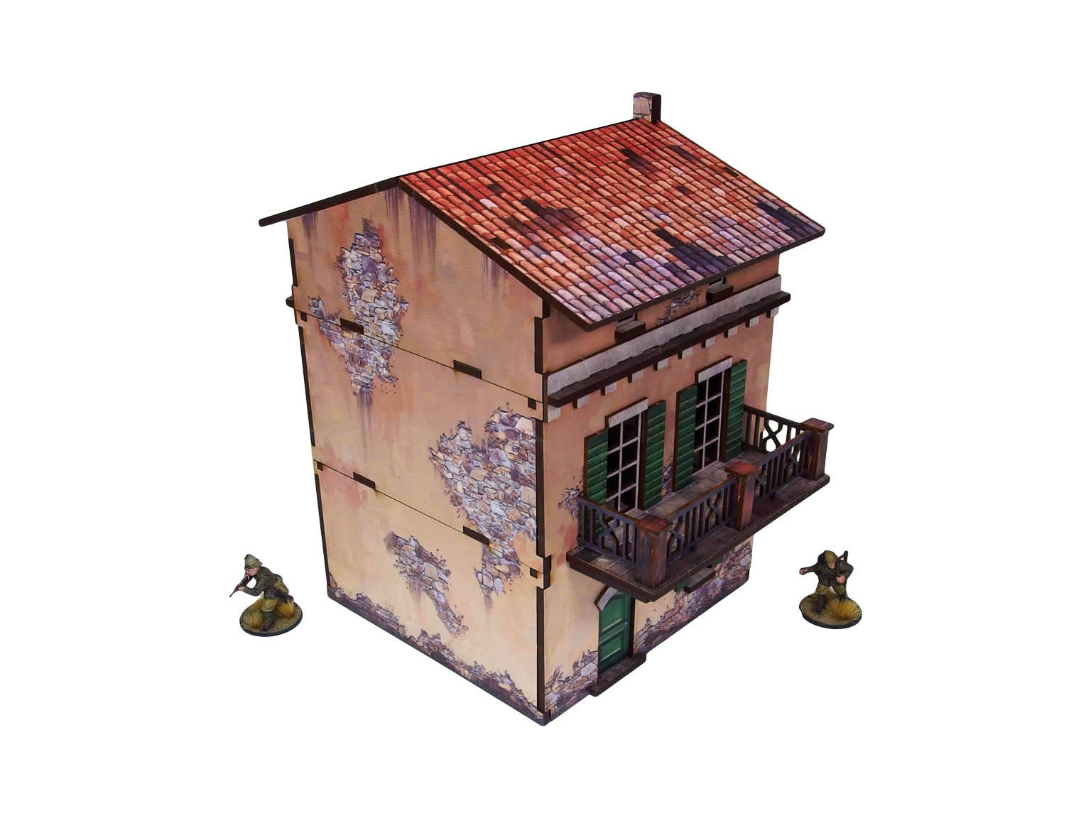 WW2 Italy Balcony House (1) PREPAINTED – dom z balkonem ze zdjętym dachem, widok z góry: dwie figurki żołnierzy 28mm na dachu poddasza z UV-drukowaną posadzką, obok zdjęty dach z dachówek terakotowych, białe tło
