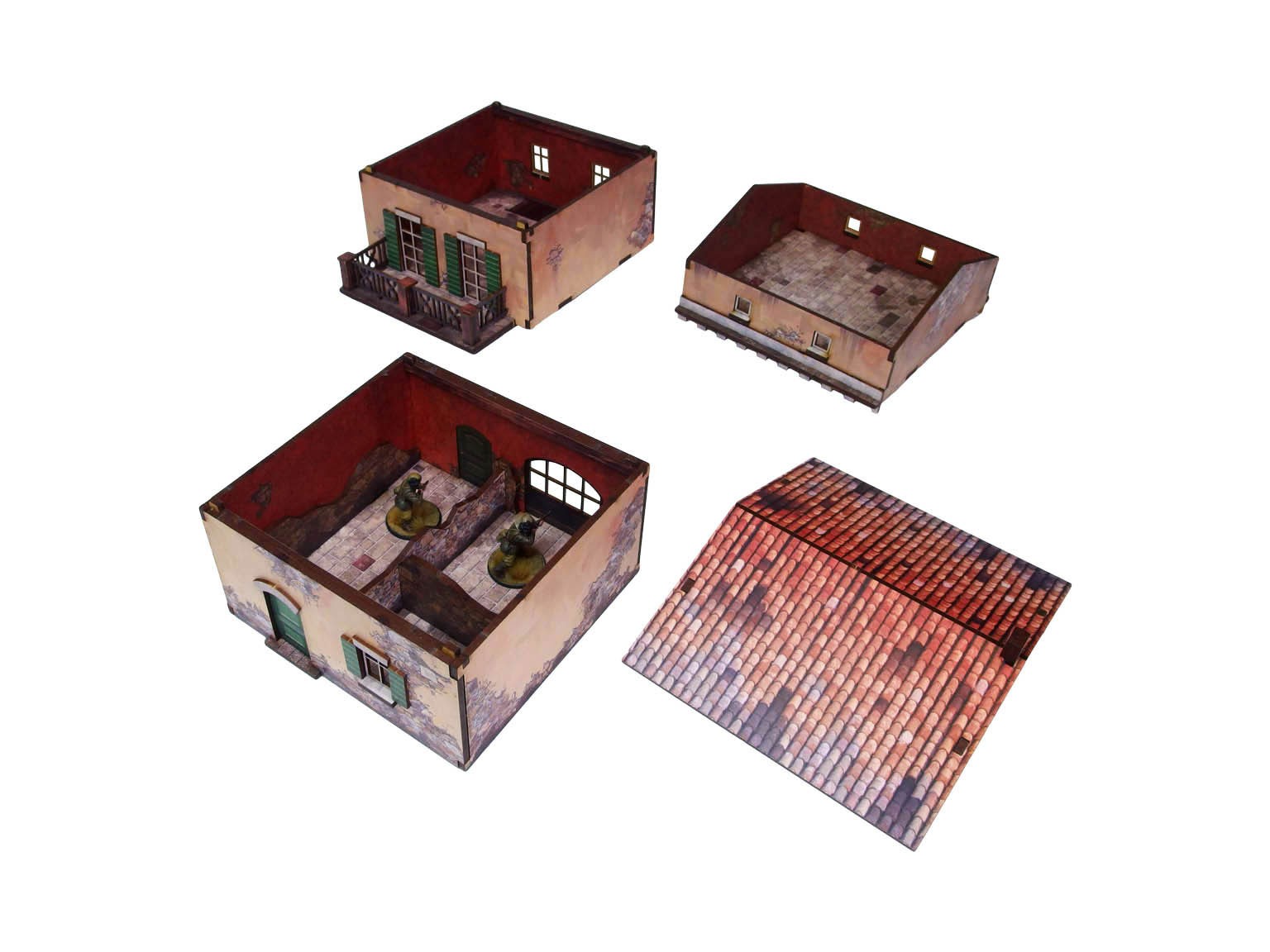 WW2 Italy Balcony House (1) PREPAINTED – zniszczony parter głównego budynku z wymiennikiem: UV-drukowana kamienna posadzka z gruzem i fragmentami murów, trzy figurki żołnierzy 28mm Bolt Action wewnątrz ruin, białe tło
