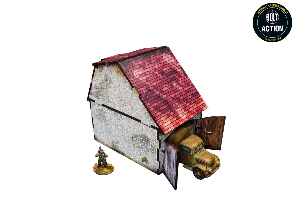 Normandy Coach House – widok boczny z otwartymi drzwiami i ciężarówką WWII w środku, cywil dla skali, 28mm Bolt Action
