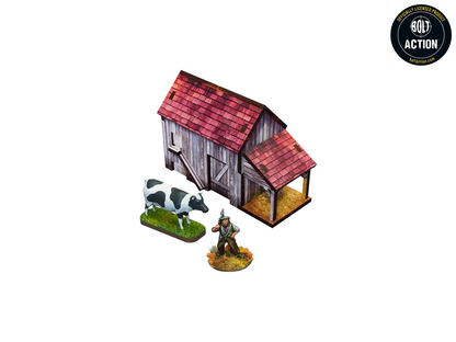 Normandy Chicken Coop – drewniana szopa z czerwonym dachem i wiatą na siano, krowa i cywil dla skali, 28mm Bolt Action
