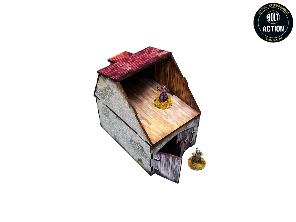 Normandy Coach House – zdjęty dach odsłania piętro z drewnianą podłogą i figurką fantasy w środku, żołnierz WWII przy drzwiach, 28mm Bolt Action

