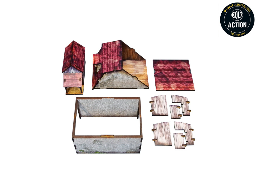 Normandy Coach House – wszystkie elementy zestawu rozłożone: kurnik, dach stajni, ściany, podłoga i drewniane drzwi garażowe, 28mm Bolt Action
