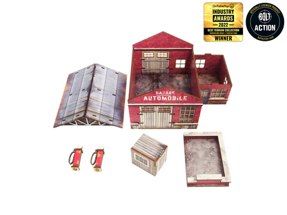 Normandy Garage – wszystkie elementy zestawu rozłożone: dach, ściany, budka, 2 dystrybutory paliwa i podłoga, 28mm Bolt Action
