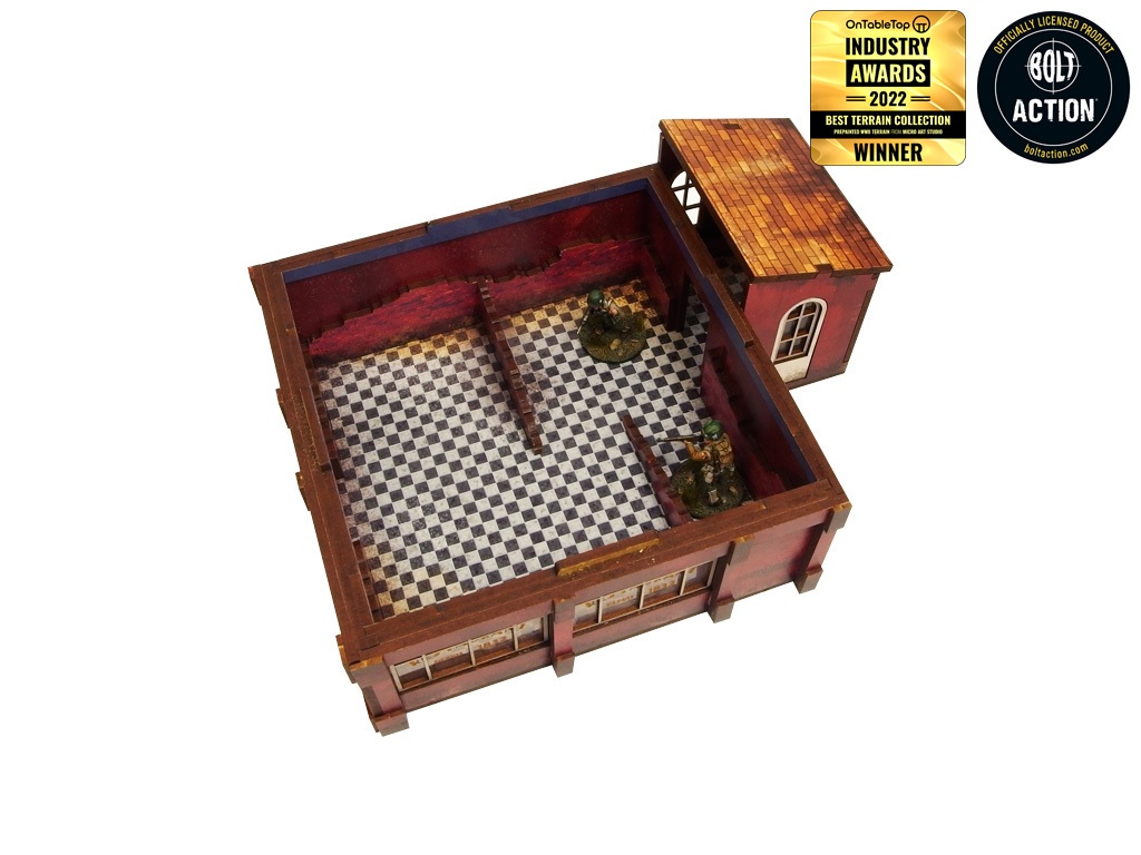 Normandy Restaurant – otwarte wnętrze parteru z czarno-białą posadzką w kratkę i żołnierzami WWII, dobudówka z dachem, 28mm Bolt Action

