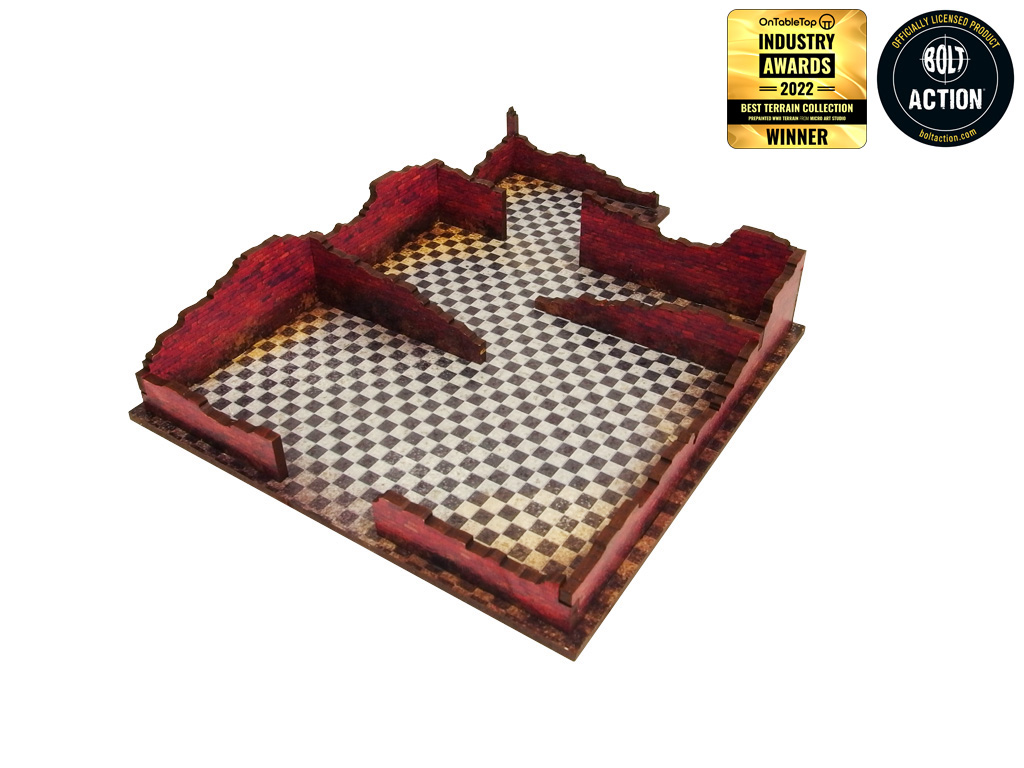 Normandy Restaurant – zdejmowalny zrujnowany parter z czarno-białą posadzką i wypalonymi ścianami, wariant ruin, 28mm Bolt Action
