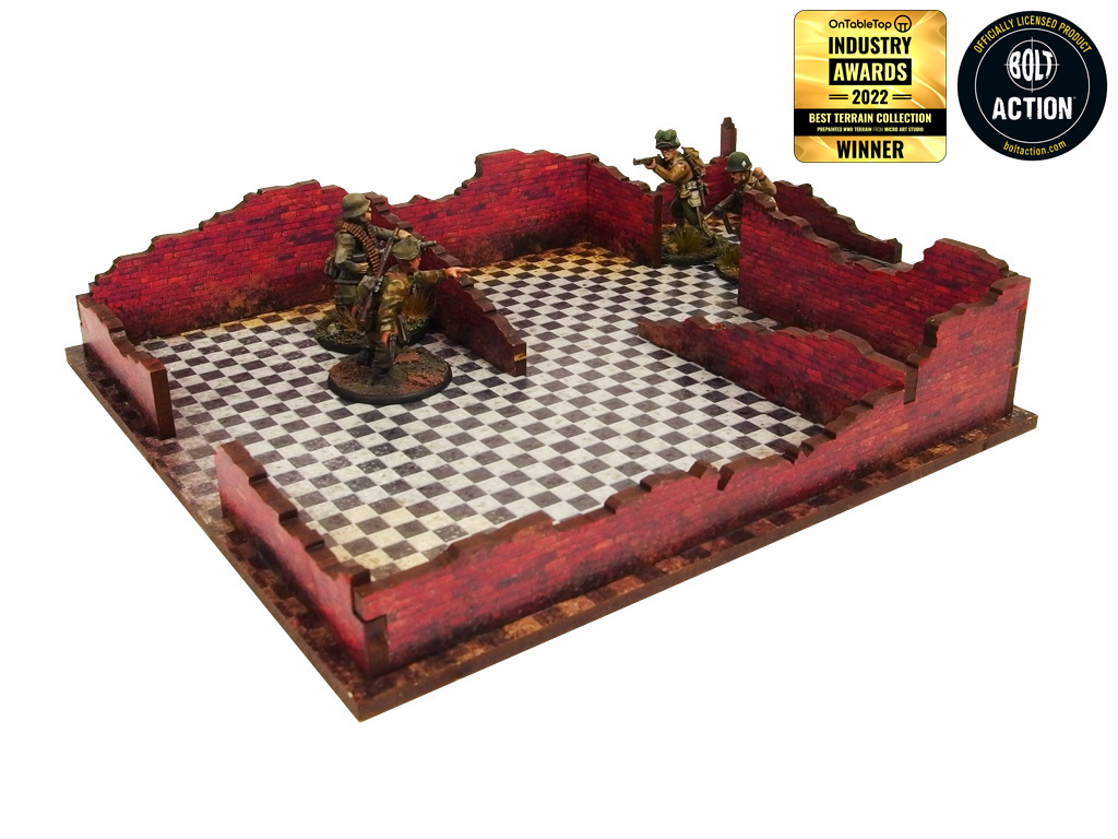Normandy Restaurant – zrujnowany parter z czarno-białą posadzką i żołnierzami WWII w środku, wypalone czerwone cegły, 28mm Bolt Action
