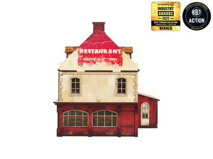 Normandy Restaurant – widok frontowy z napisem Restaurant i Cidre 1832 na witrynach, dobudówka boczna, 28mm Bolt Action
