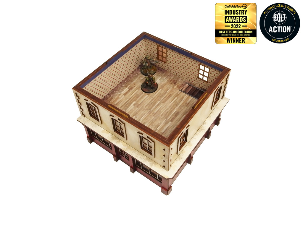 Normandy Restaurant – otwarte 1. piętro z tapetą w romby i drewnianą podłogą, żołnierz WWII w środku, 28mm Bolt Action
