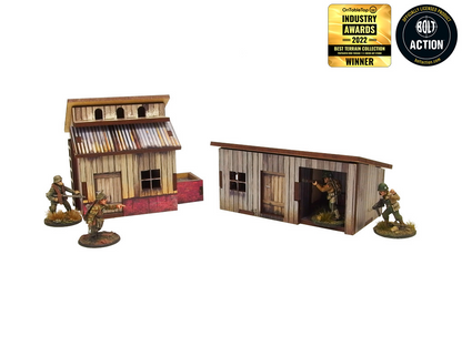 Normandy Small Sheds w. Dovecote – gołębnik i szopa z zamkniętymi drzwiami, żołnierze WWII po bokach, widok izometryczny, 28mm Bolt Action
