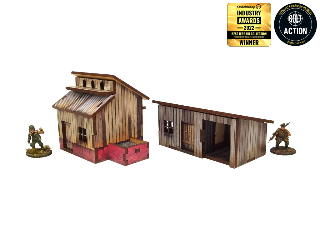 Normandy Small Sheds w. Dovecote – gołębnik z otwartymi drzwiami i szopa z otwartym wejściem, żołnierze WWII po bokach, 28mm Bolt Action
